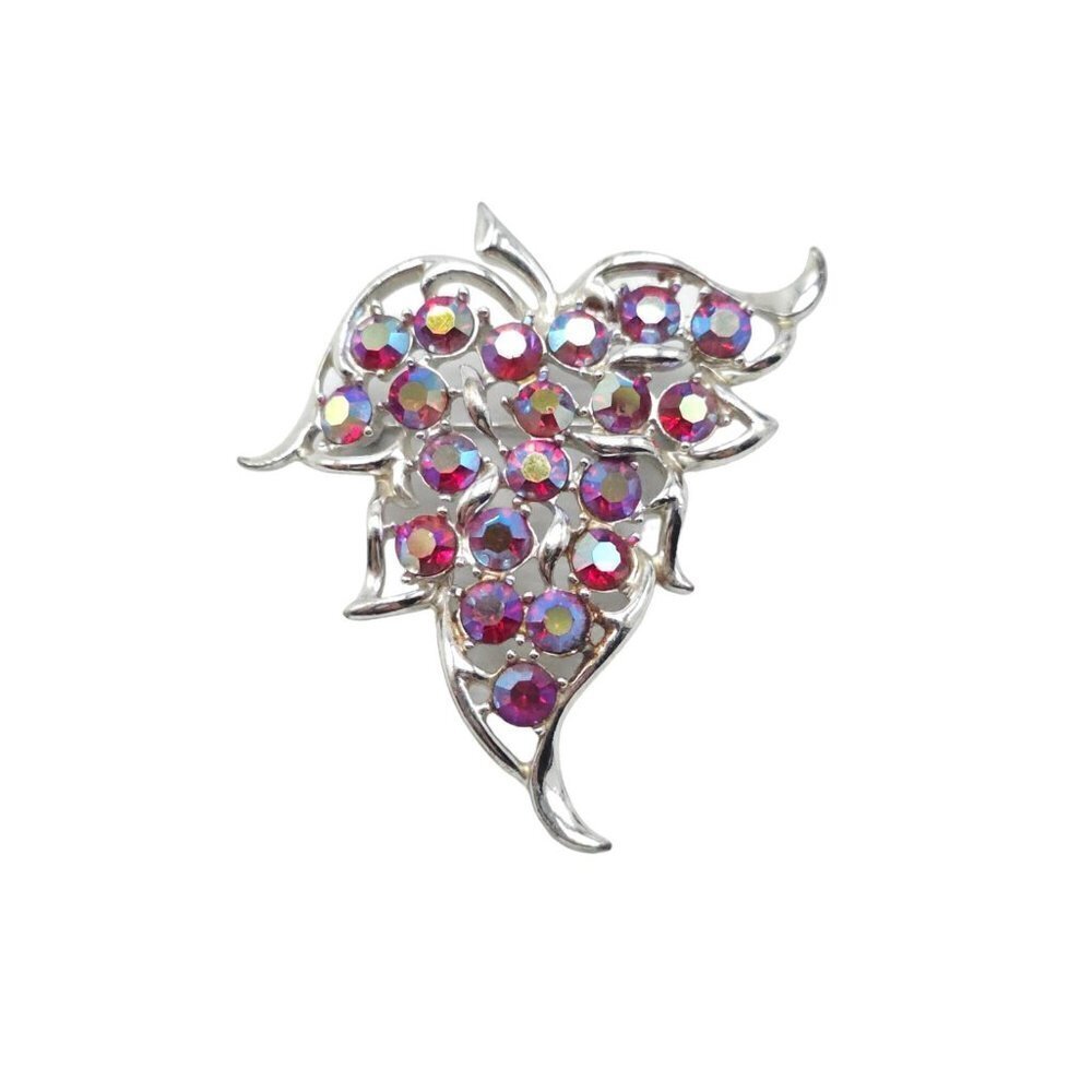 Vintage Red AB Rhinestone Brooch Silver Tone Leaf Pin Sarah Coventry